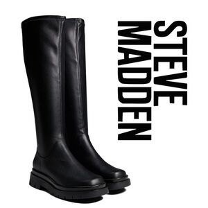 Steve Madden Lucci Stretchy Black PU Leather Lug Sole Knee-High Boots sz 9.5